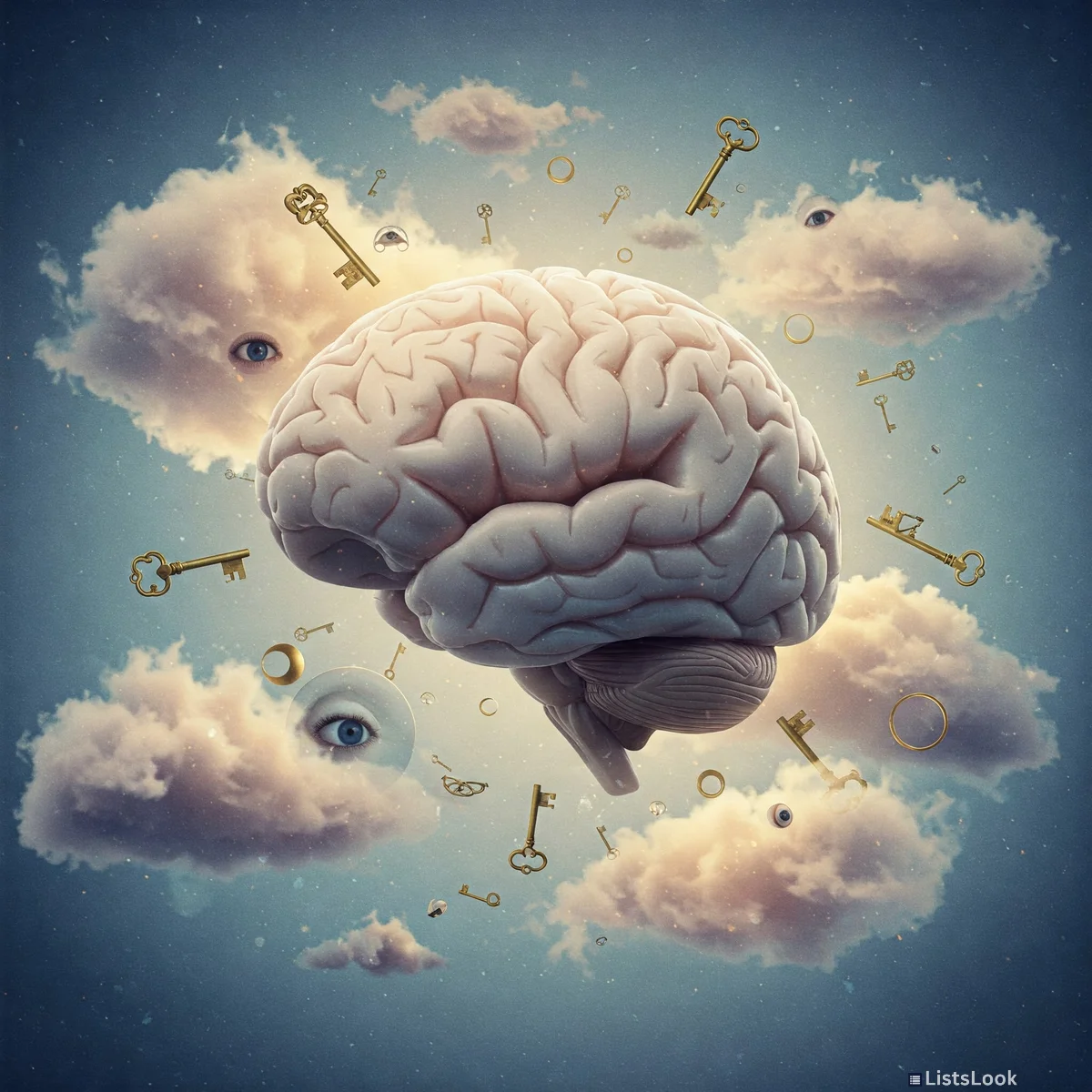 A surreal image of a brain with dream-like elements floating around it - clouds, eyes, keys, etc. Emphasize mystery and the subconscious.