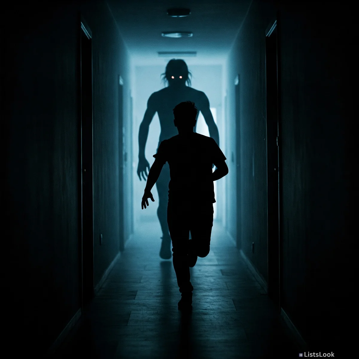 A silhouette of a person running frantically down a dark corridor, with a shadowy figure pursuing them.