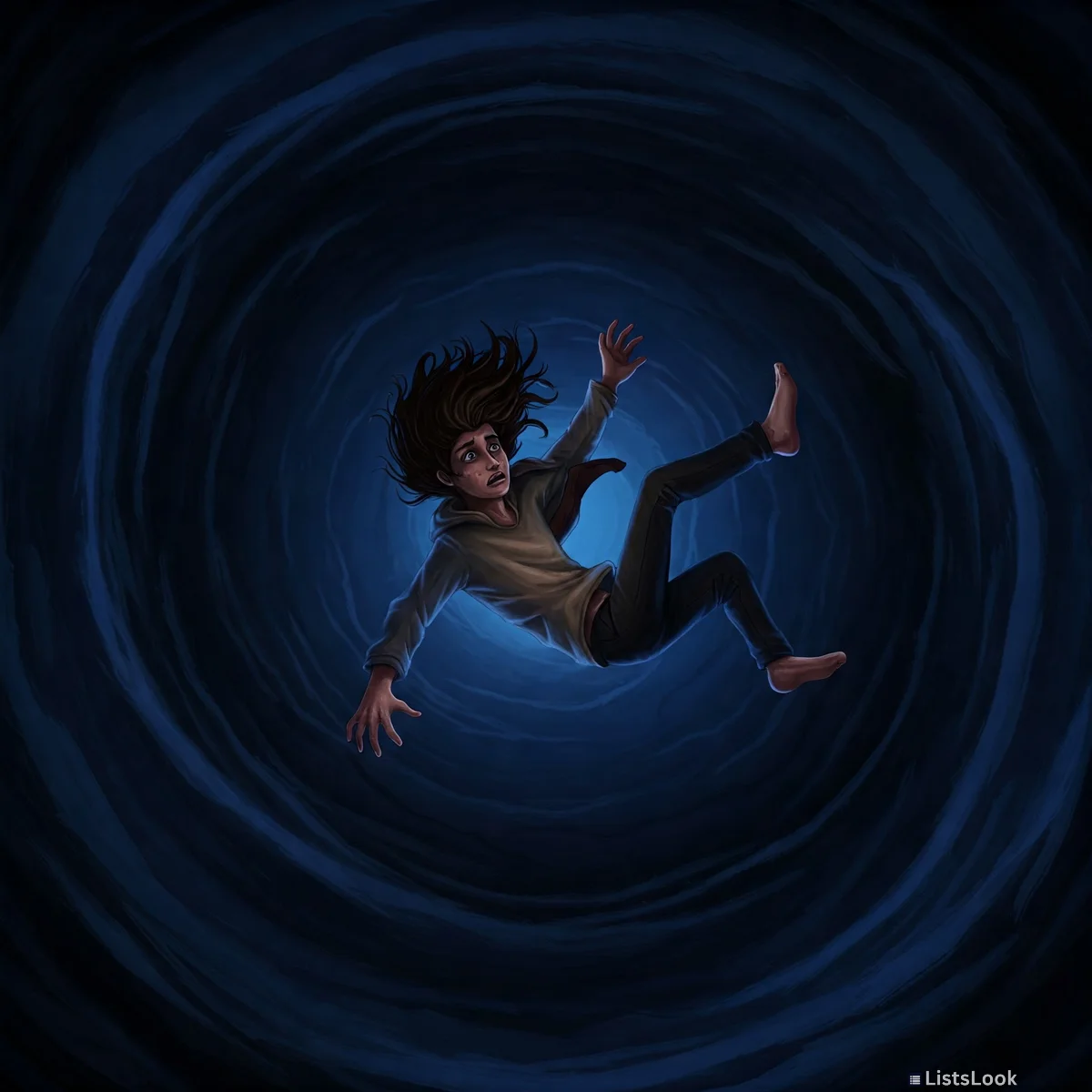 A person falling through a dark, swirling vortex. The image should convey a sense of disorientation and anxiety.