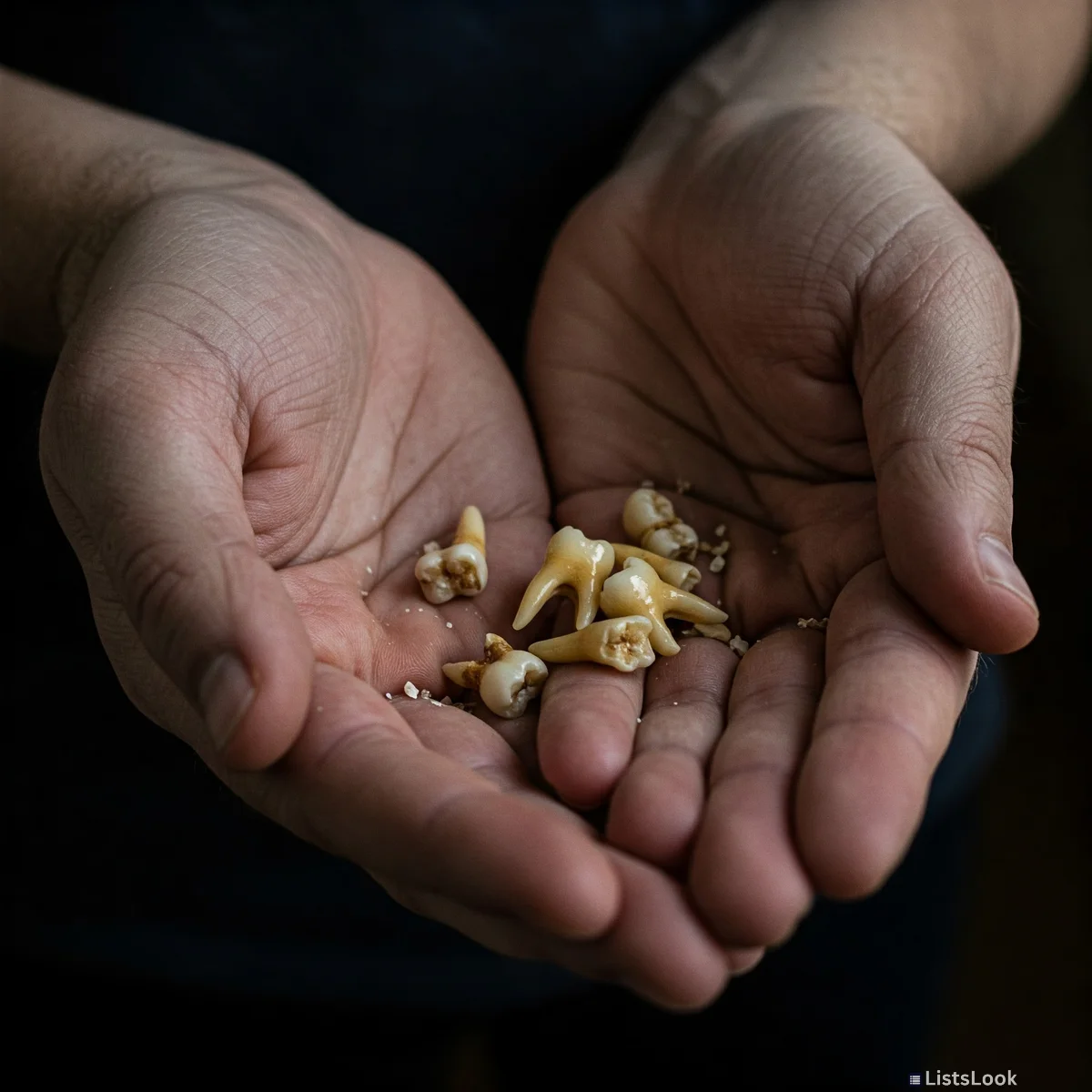 A close-up shot of hands holding crumbling teeth. The image should be slightly disturbing and evoke feelings of vulnerability.