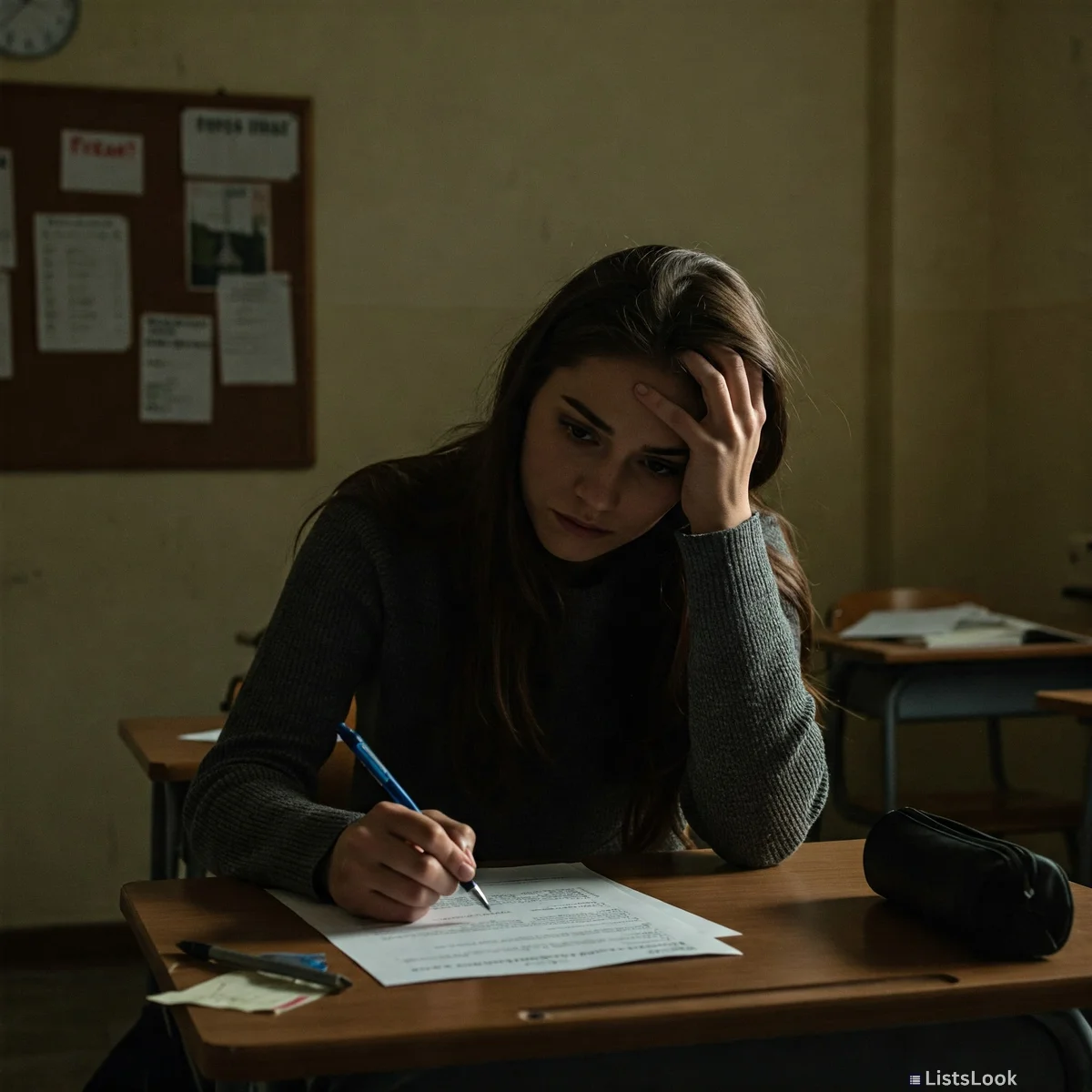 A dimly lit classroom with a person sitting alone at a desk, looking stressed while taking an exam.