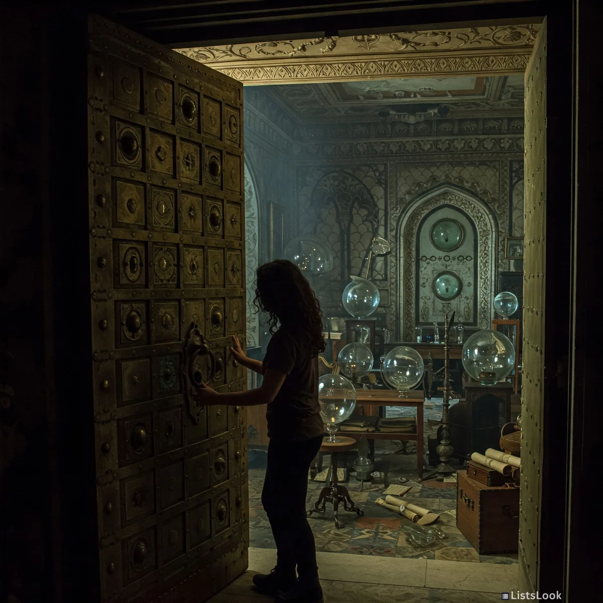 An image of a person opening a door to reveal a hidden, ornate room filled with mysterious objects.
