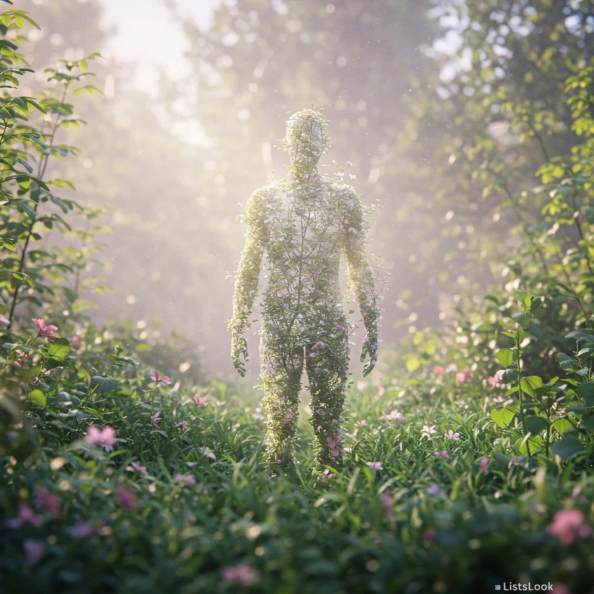 A ethereal, symbolic image of a fading figure surrounded by soft light and foliage. Avoid graphic depictions of death.