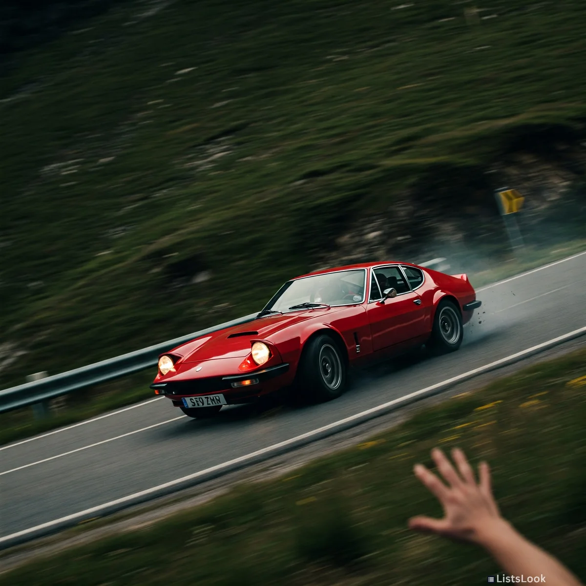 A car speeding out of control on a winding road, with a blurred landscape in the background.