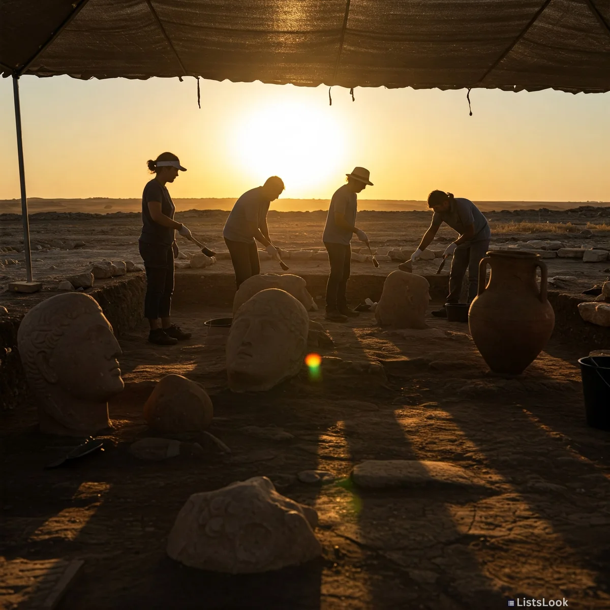 A dramatic archaeological dig site, with silhouetted figures brushing dirt off ancient artifacts, sunset lighting