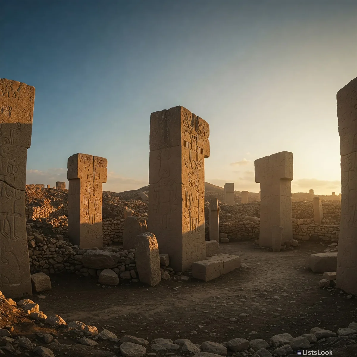 Wide-angle view of the Göbekli Tepe pillars with intricate carvings, early morning light
