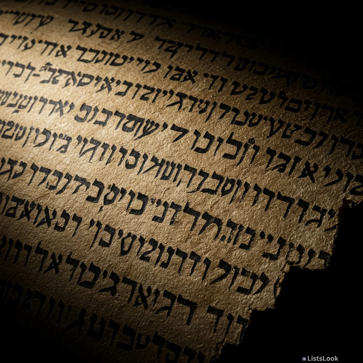 Close-up of a fragment of the Dead Sea Scrolls, showing ancient Hebrew script, dimly lit