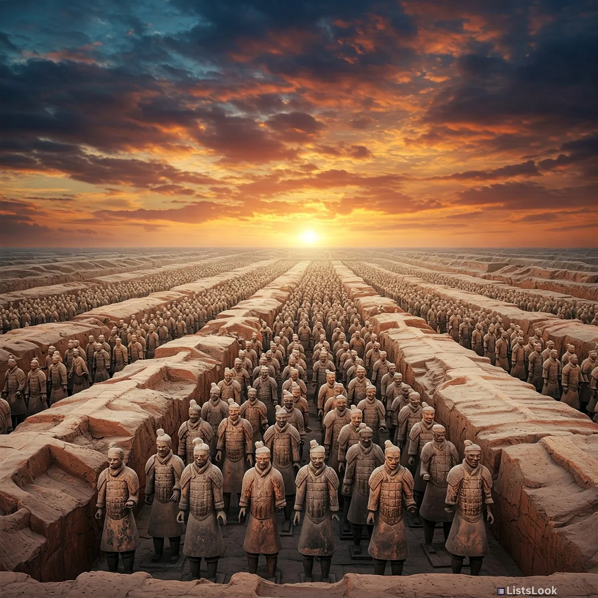 A vast formation of the Terracotta Army, showing rows of soldiers in battle formation, dramatic sky