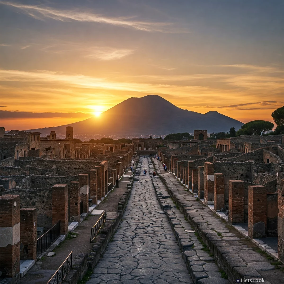 A view of the preserved streets of Pompeii, with Mount Vesuvius looming in the background, golden hour light