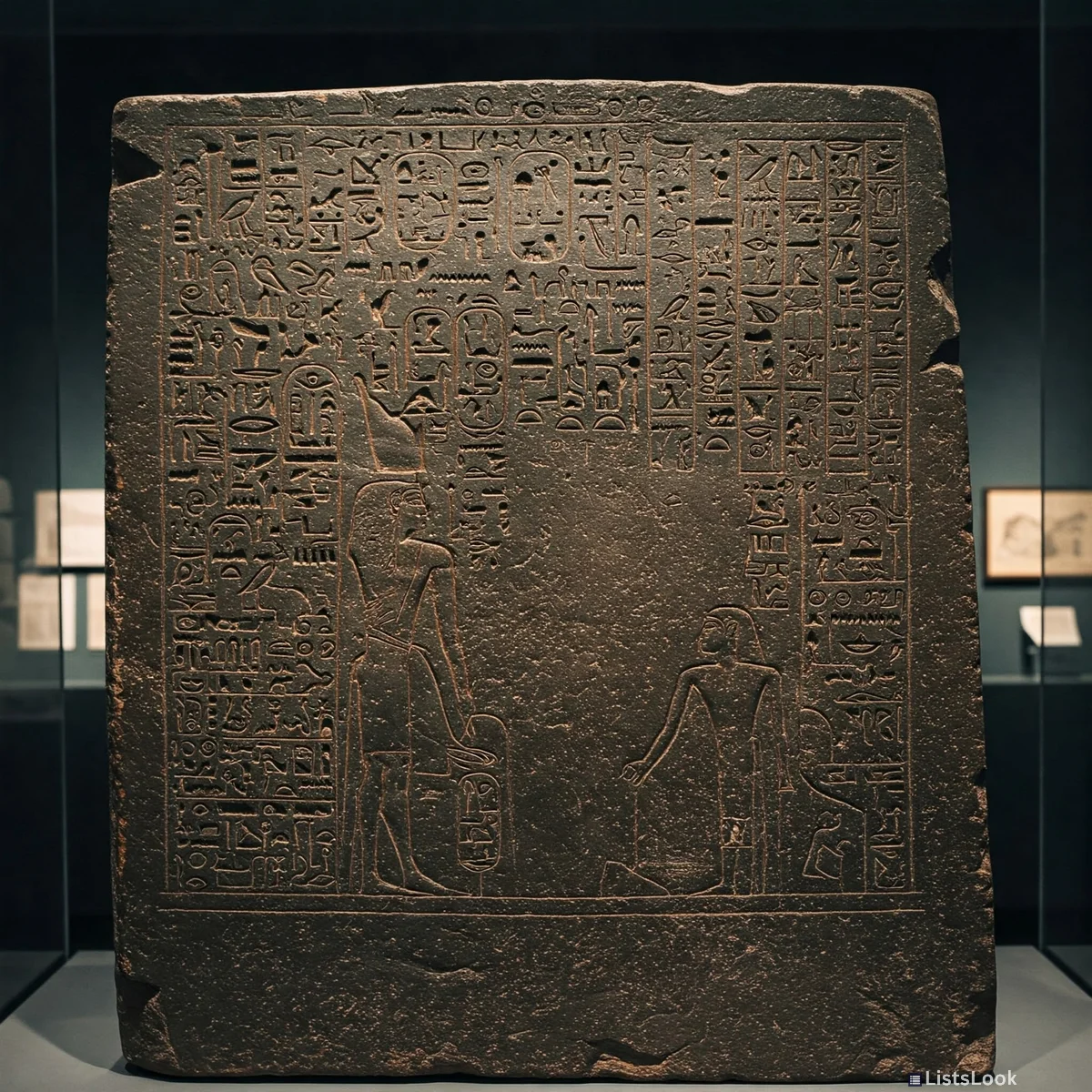 Close-up of the Rosetta Stone, showing the three different scripts, museum lighting