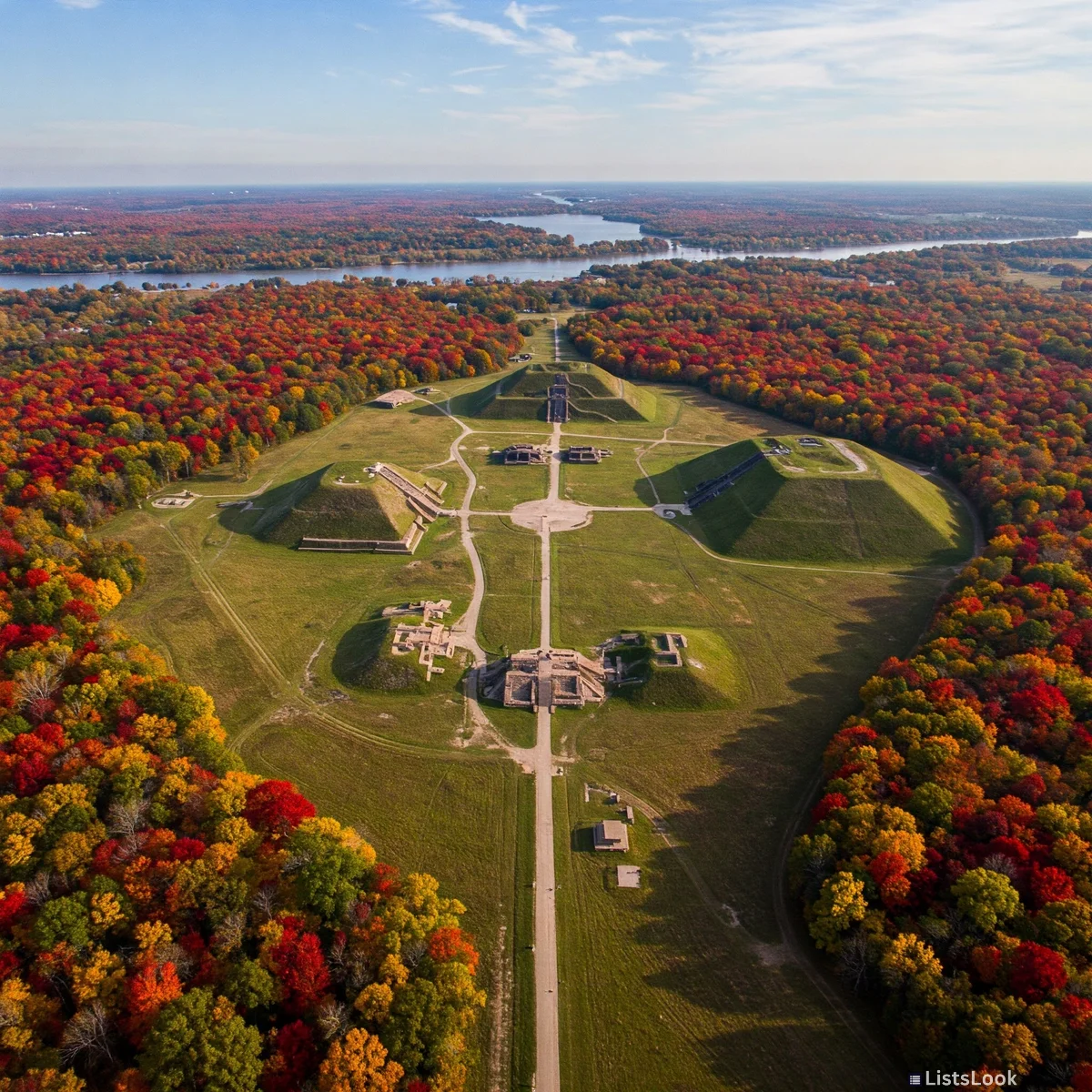 Aerial view of Cahokia, showing the large earthen mounds and surrounding landscape, autumn colors