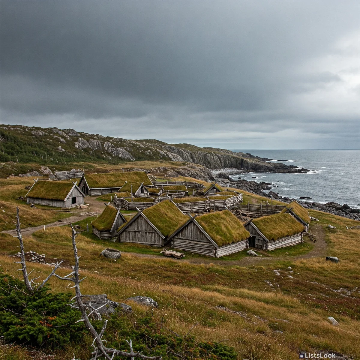 Reconstruction of the Viking settlement at L'Anse aux Meadows, coastal setting, cloudy sky