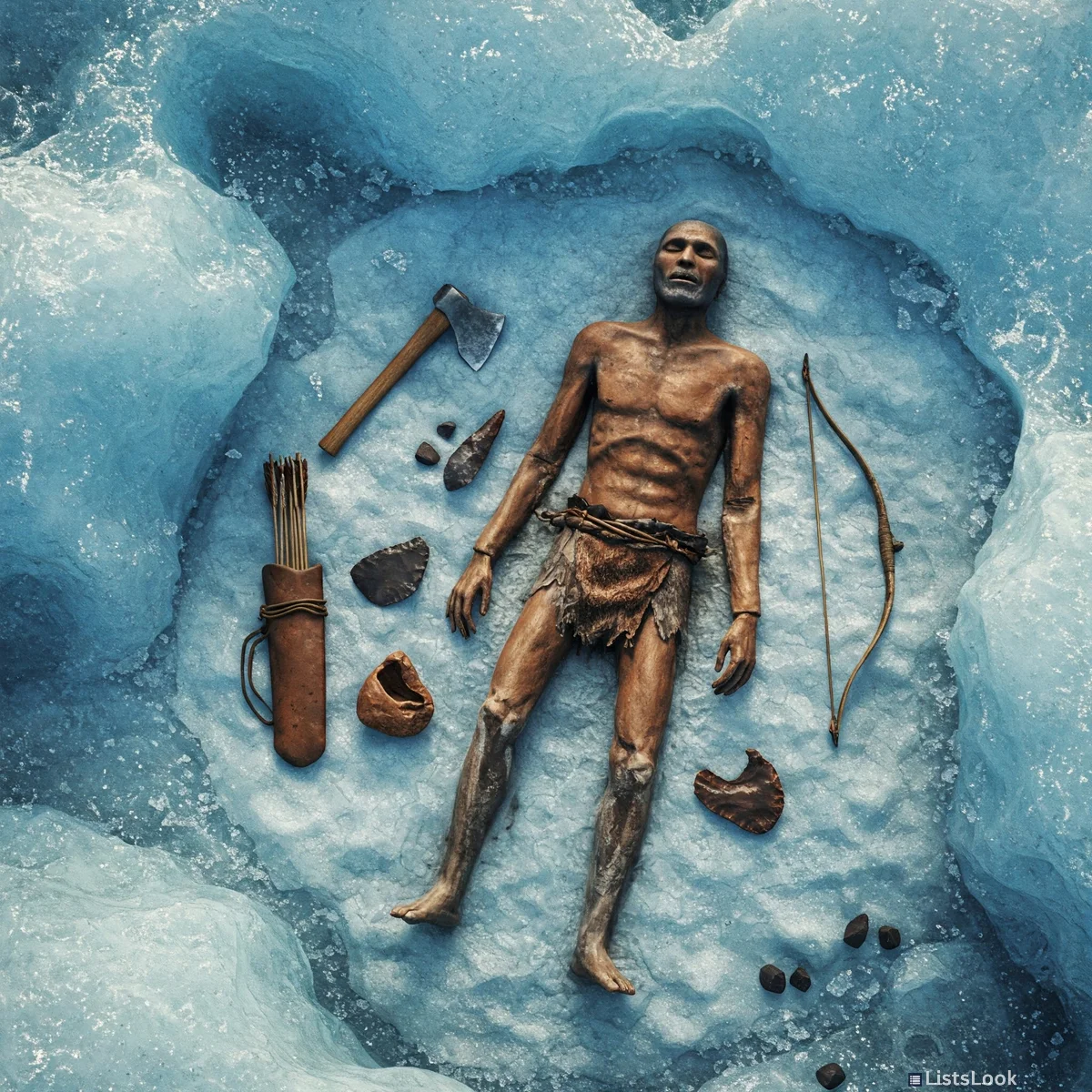 A realistic depiction of Ötzi the Iceman, lying in the ice with his artifacts, cool color palette