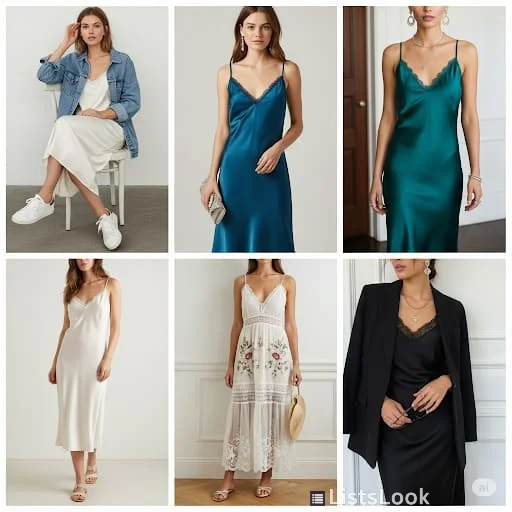 Various styles of slip dresses - silk, satin, lace - styled for different occasions. Show both day and night looks. Focus on the elegance and versatility of slip dresses.