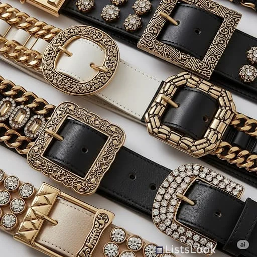 Close-up shot of various statement belts - wide belts, chain belts, embellished belts - highlighting bold buckles and unique designs. Focus on the detail and impact of belts.