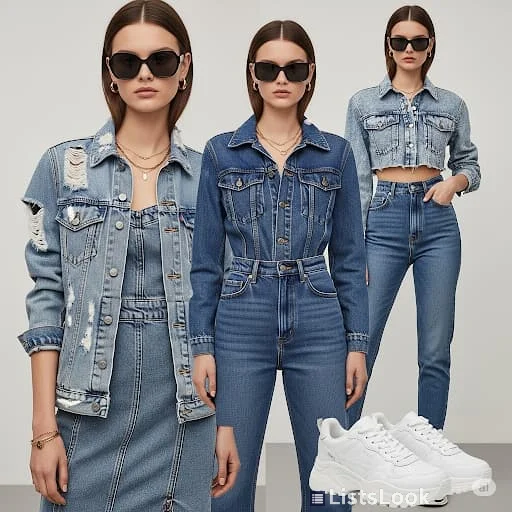 Stylish denim on denim outfits. Showcase different washes and textures of denim paired together. Focus on modern and chic styling of double denim.