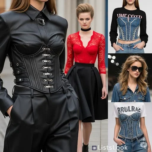 Modern and fashionable corset outfits. Focus on how corsets are styled as outerwear or statement tops. Show different materials like leather, lace, and denim.