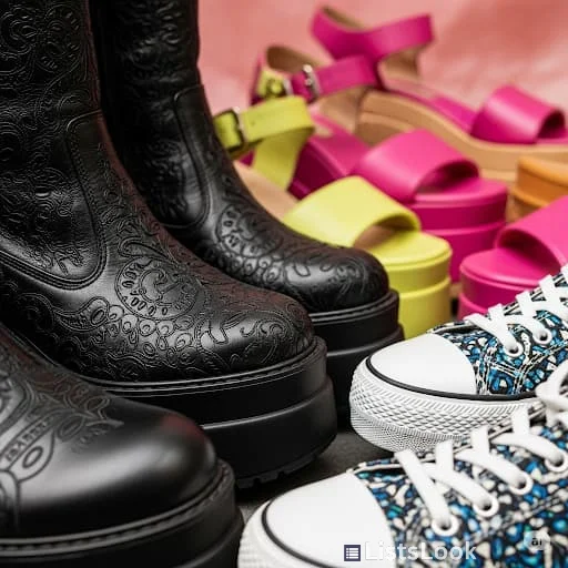 Close-up shot of various platform shoes - boots, sandals, sneakers - highlighting their chunky soles and unique designs. Focus on the height and style elevation.