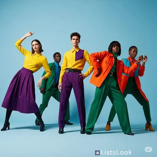 Visually striking outfits showcasing bold color blocking. Models in dynamic poses wearing outfits with contrasting vibrant colors. Background should be clean to emphasize the colors.