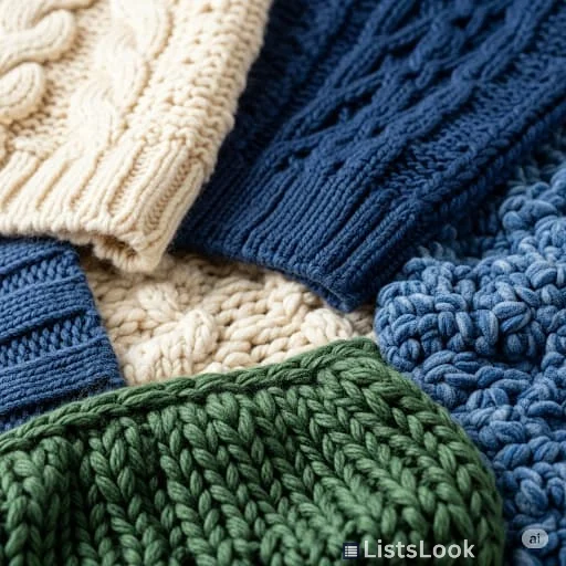 Close-up shot of diverse textures and patterns in chunky knitwear. Focus on the tactile quality and cozy feel. Include different colors and knit styles.