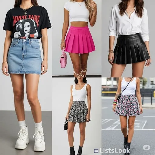 Stylish mini skirt outfits. Showcase different styles of mini skirts - pleated, denim, leather, patterned. Focus on the fun and flirty vibe and styling versatility.