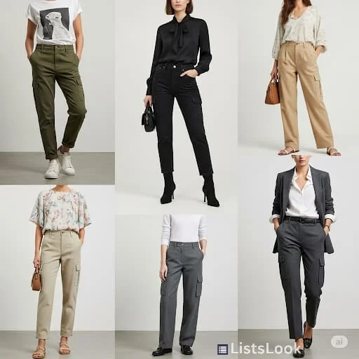 Various styles of cargo pants outfits. Show different fabrics and styling options - casual and dressed up. Focus on the utility and urban edge of cargo pants.